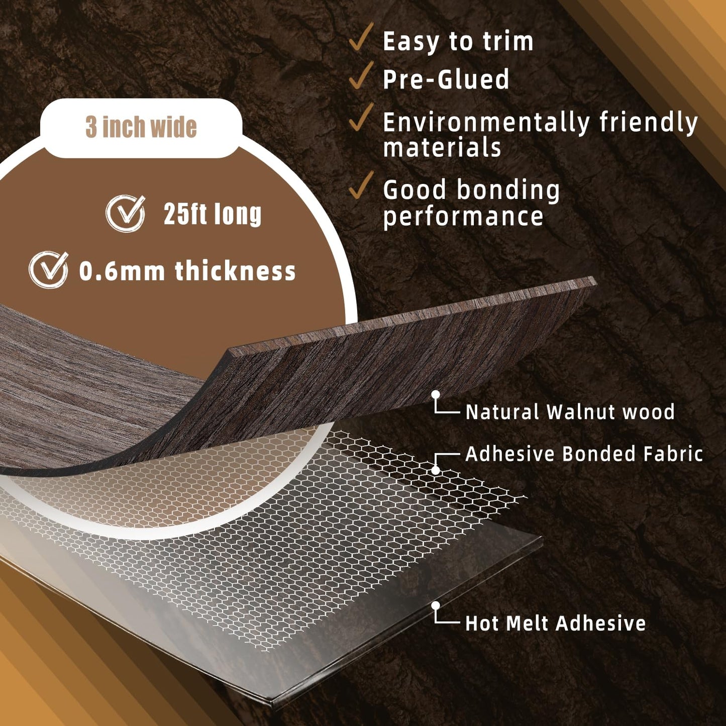 GSCIT Club Walnut Edge Banding, 3 inch x 25ft roll of Veneer Edge Banding Preglued Flexible, Real Wood Tape Banding