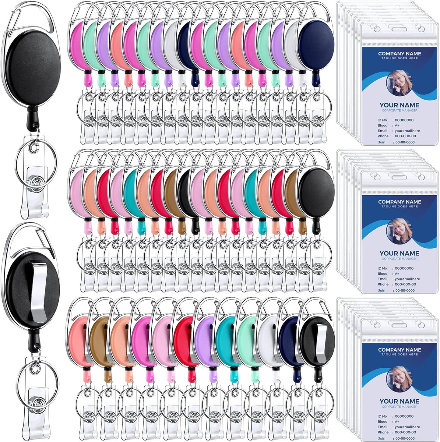 Laumoi 60 Pack Heavy Duty Retractable Badge Holder Reel with Belt Clip Keyring and Waterproof Vertical ID Card Holders for ID Name Card Keychain Badge (Colorful)