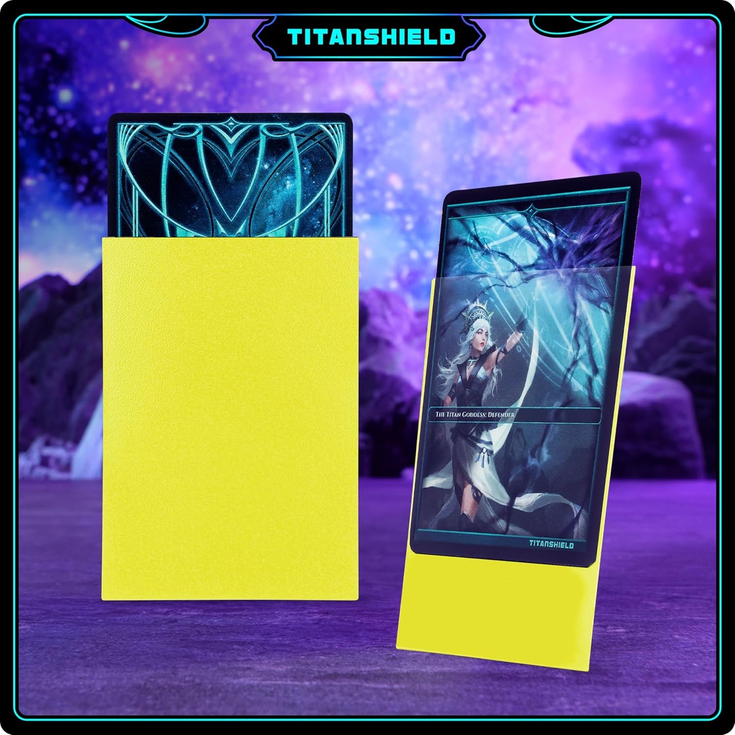 TitanShield (150 Sleeves, Yellow Compatible with Standard Sized Board Games, MTG Magic The Gathering, Lorcana, and Trading Card Sleeves Deck Protector 2.5" x 3.5" 66x91mm