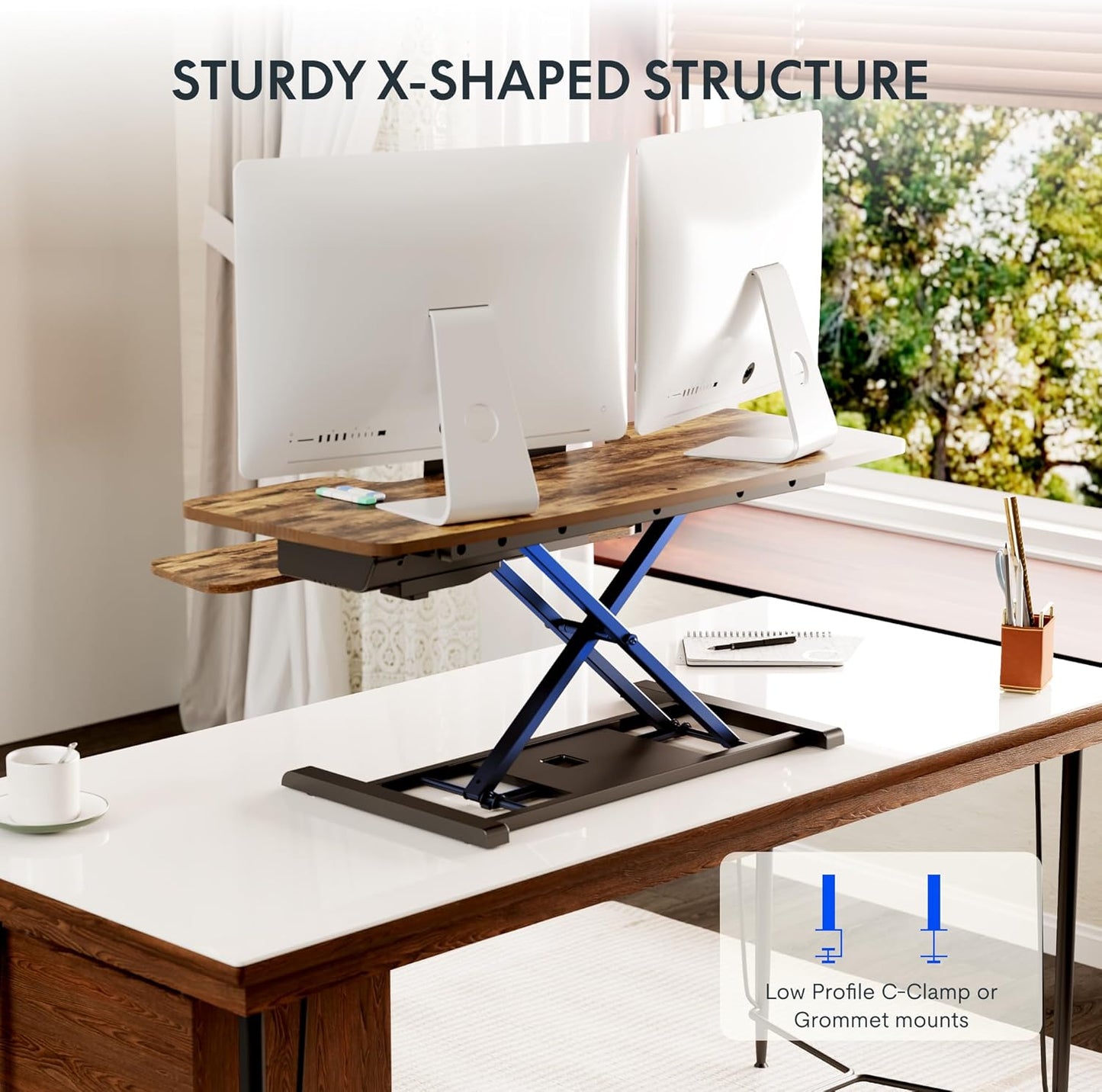 FLEXISPOT 42" Electric Standing Desk Converter Height Adjustable Desk Strong Weight Capacity Motorized Stand up Desk Riser for Office Home, Rustic Color