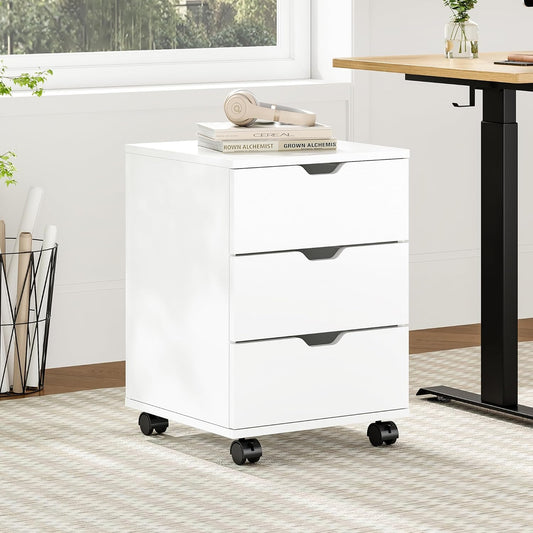 Farini 3-Drawer Under Desk Wooden File Storage Cabinet with Lockable Caster for Home Office,White,Fully Assembly