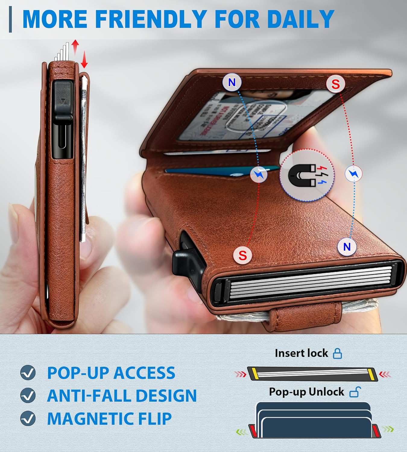 Airtag Wallet for Men,with Money Clip Gift Boxed,Slim Front Pocket Wallet RFID Blocking Metal Case Smart Pop-up Credit Card Holder in Magnetic Leather Flip