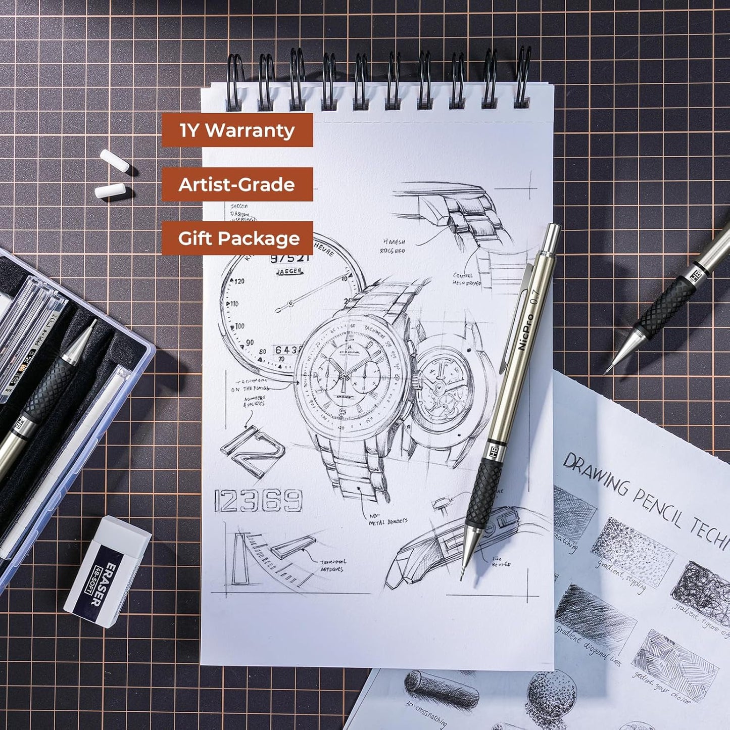 Nicpro 0.7 mm Art Mechanical Pencil Set in Storage Case, 3 PCS Metal Drafting Pencil Lead Pencil with 6 Tube HB Lead Refills, 3 Erasers, 9 PCS Eraser Refills for Artist Writing, Drawing, Sketching