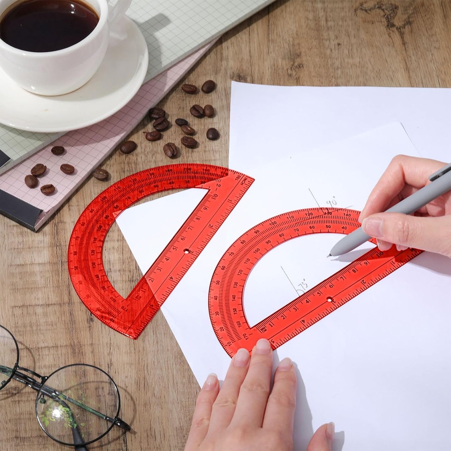 Zonon 2 Pcs 6 Inch Plastic Protractor Math Protractors 180 Degrees Angle Measurement, Translucent for Geometry Classroom Kid Student School Office Supplies(Red)