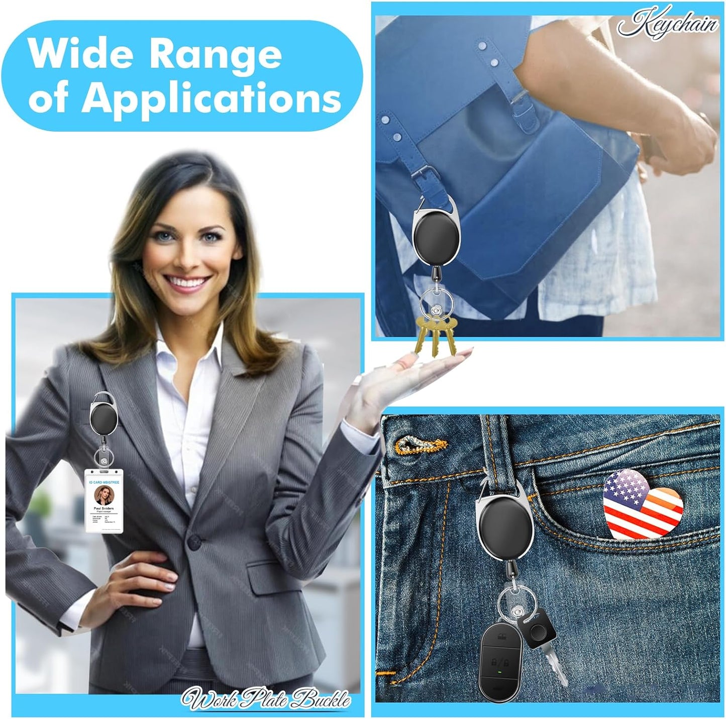 Retractable Badge Holder with Carabiner Reel Clip and Key Ring for ID Card Key Keychain Holders Black 20 Pieces by moeverEX