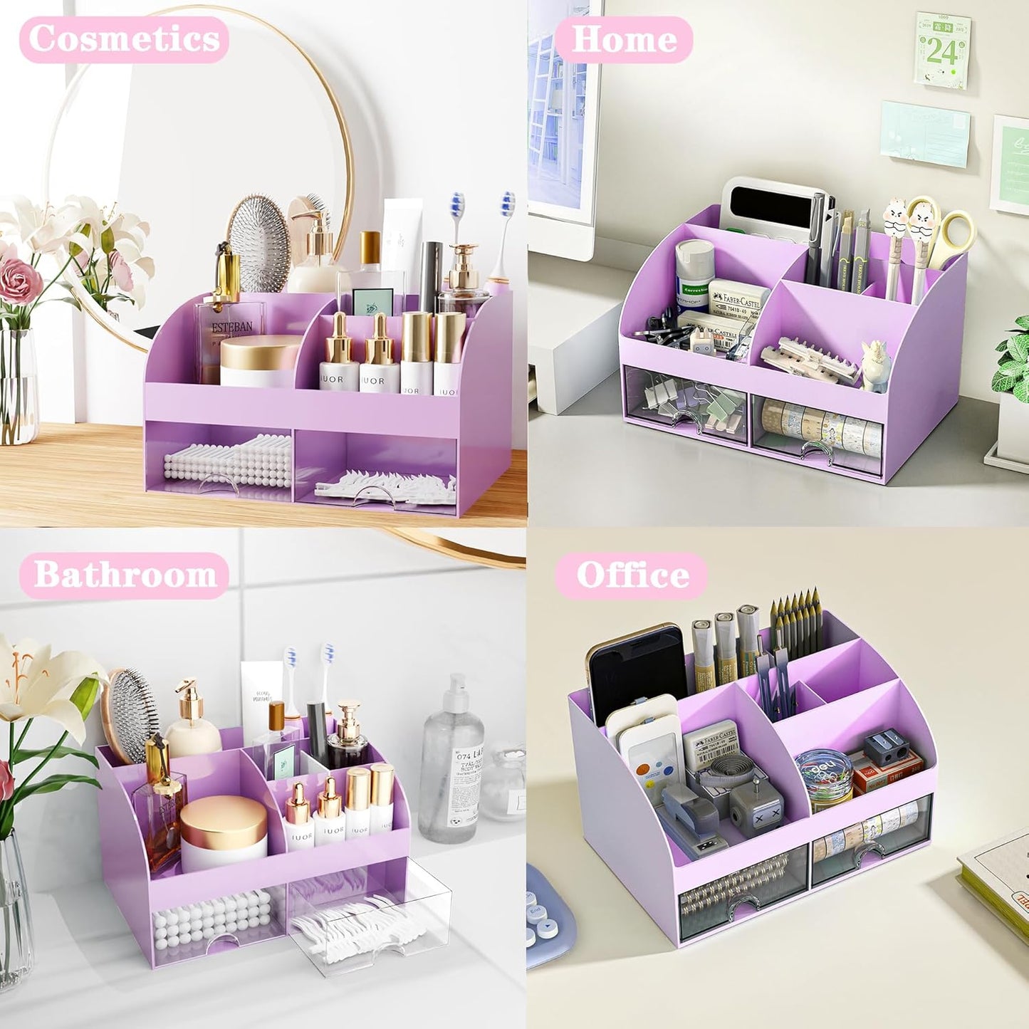Desk Accessories with Pen Holder, Office Supplies Desk Organizers and Accessories, Tape Dispenser, Stapler, Staple Remover, Staples, Clips Set, Ruler, Scissor, Pen, Tape (Purple)