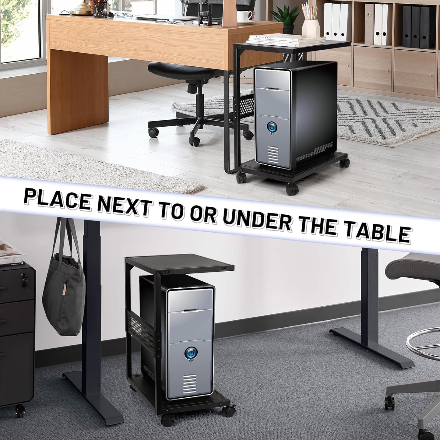 PC Stand Computer Tower Stand 2-Tier Metal CPU Holder with Locking Caster Wheels Suitable for Most PC (S,Black)