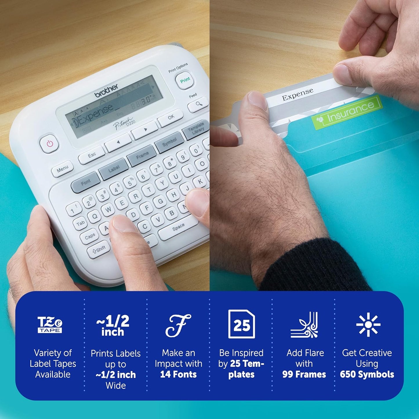 Brother P-Touch PTD220 Home/Office Everyday Label Maker | Prints TZe Label Tapes up to ~1/2 inch White