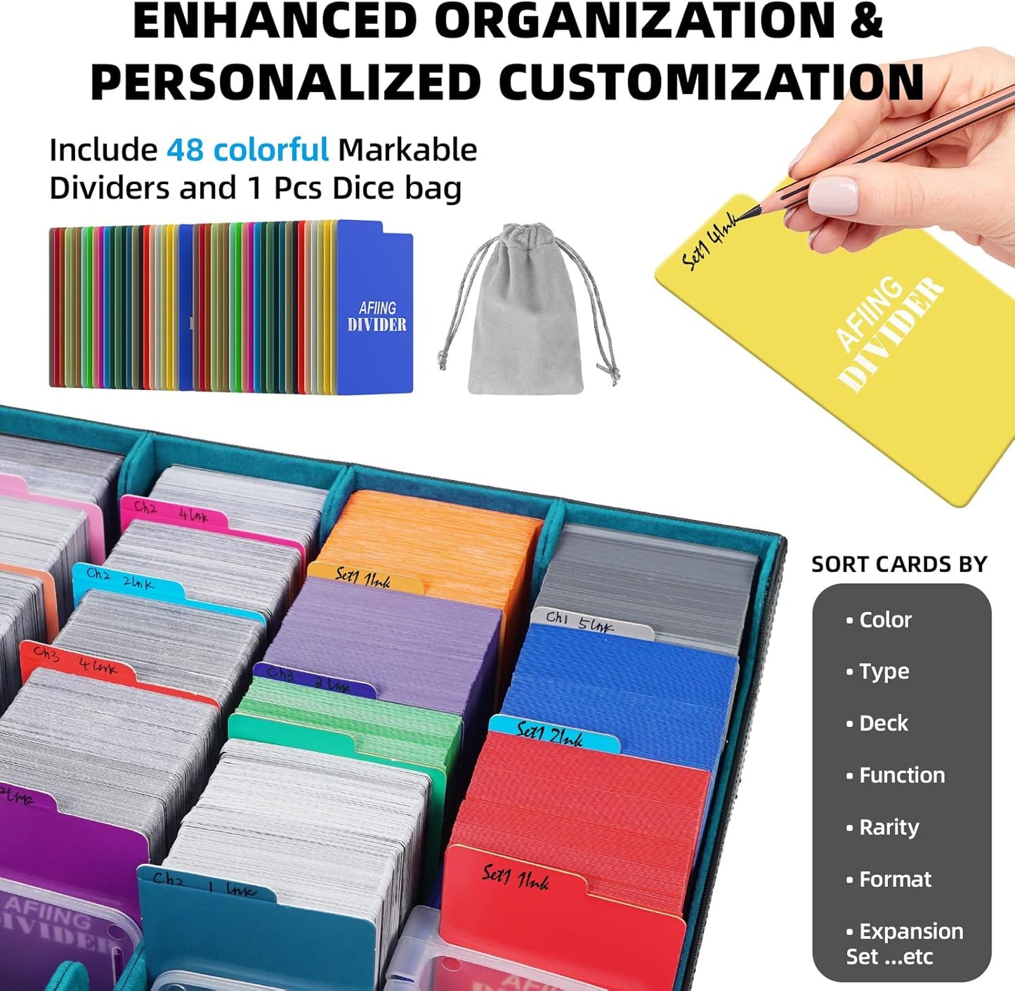 AFIING 4-Row Trading Card Storage Box – Holds 3200+ Cards, 48 Dividers & 4 Stoppers, Card Deck Box for MTG TCG Sports Cards – Includes 1 Dice Bag(Black Cyan)