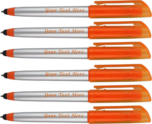 Personalized Pens with Highlighter and Stylus -250 Pack Bulk-Free Imprint - 3 In Highlighter, Ballpoint Pen, and Stylus Combo- add Custom Business Name, Logo or Gift Message- Orange