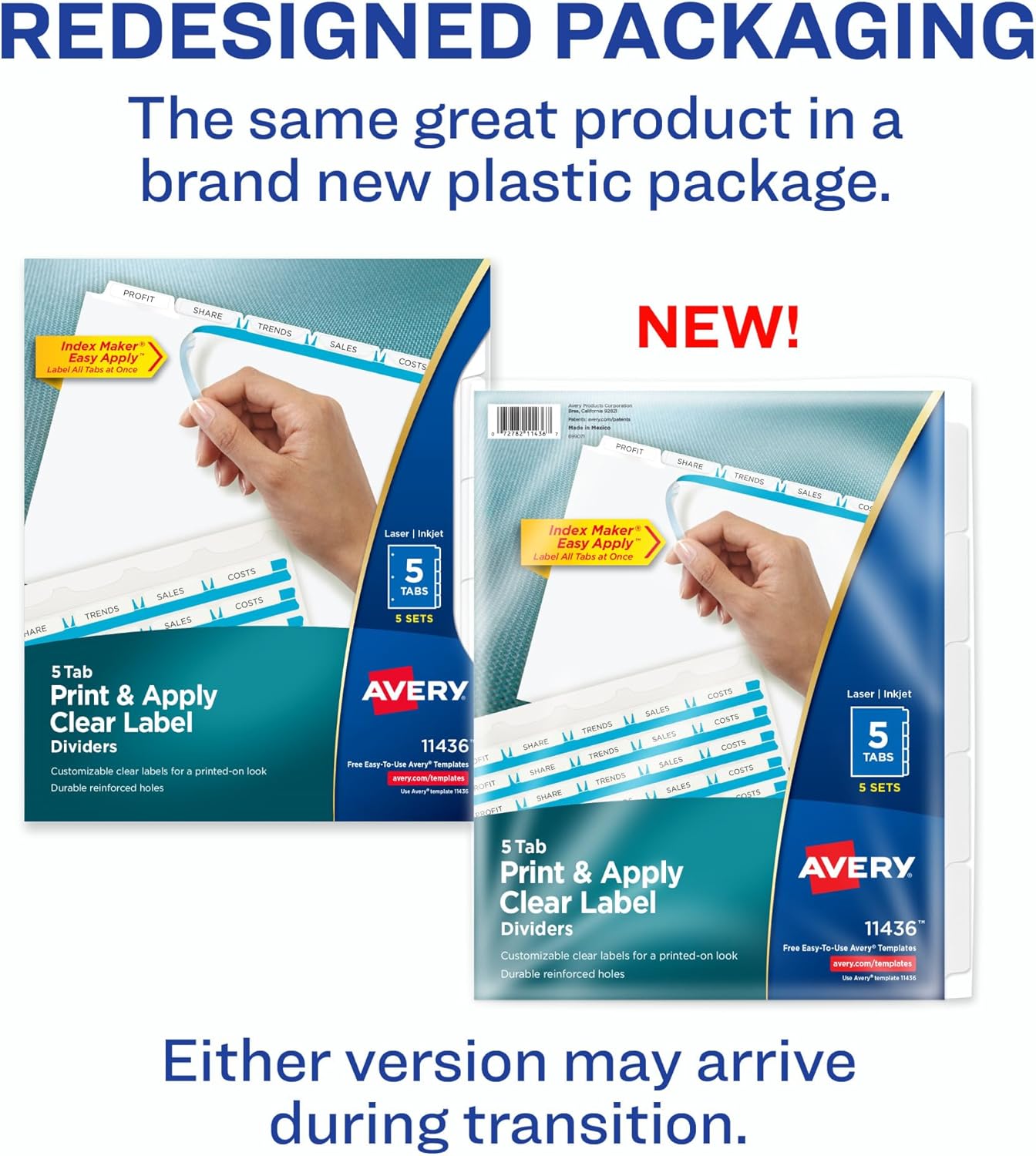 Avery 5 Tab Dividers for 3 Ring Binder, Easy Print & Apply Clear Label Strip, Index Maker Customizable White Tabs, 5 Sets (11436)
