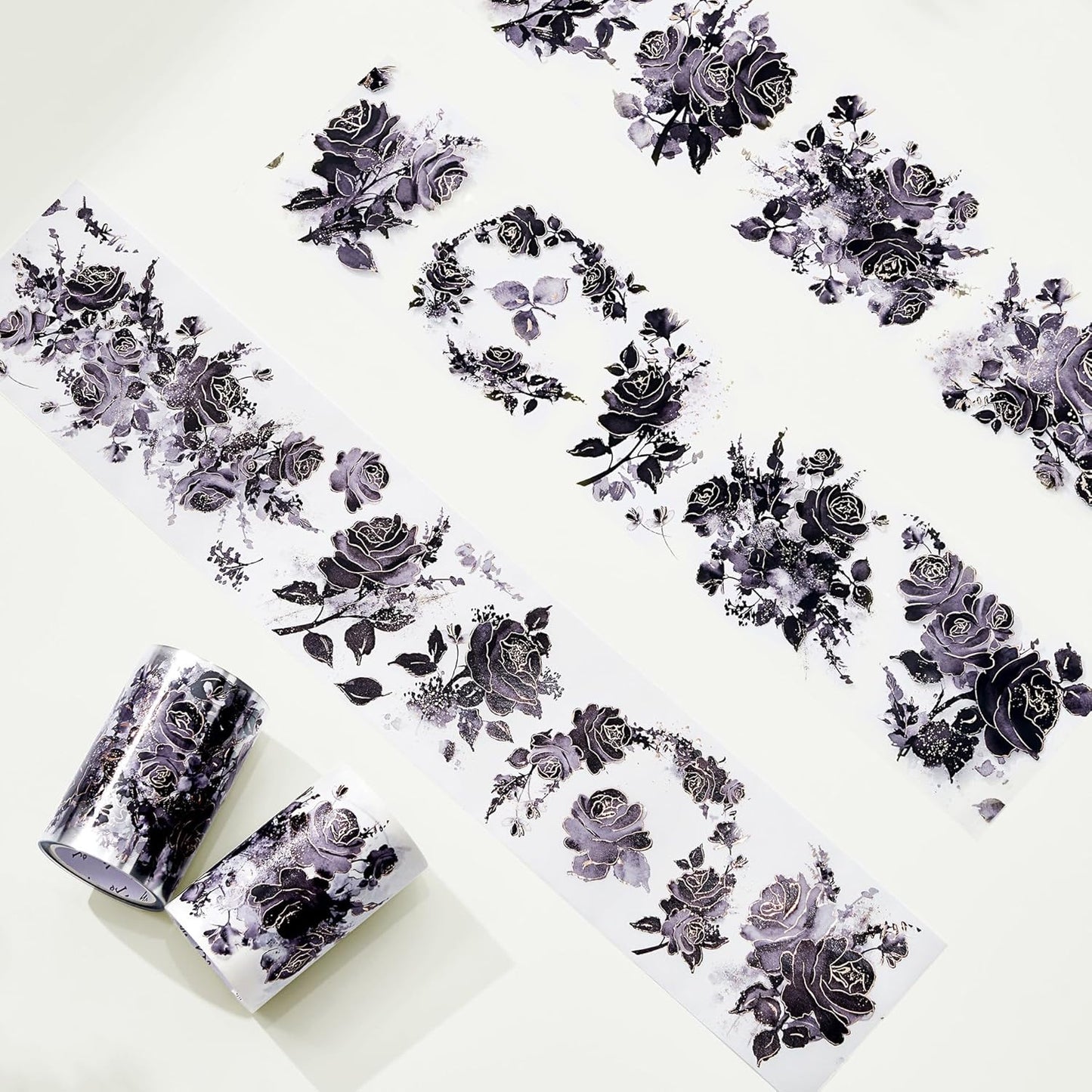 WT Rose Noir Wide PET Tape Gilded,Single Roll,Original Designs,Black Floral Decors,Transparent Clear Adhesive Tape,Gold Foil,Scrapbooks Junk Bujo Journals Planners DIY Crafts Supplies Gifts
