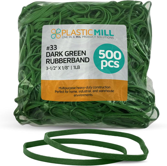 PlasticMill Dark Green Rubber Bands Size 33 (3 1/2" x 1/8") - #33 Colored Rubber Bands Office Supplies - Strong, Elastic Bands for Crafts, Balloon Garland, Cash, File Folders (500-Pack)