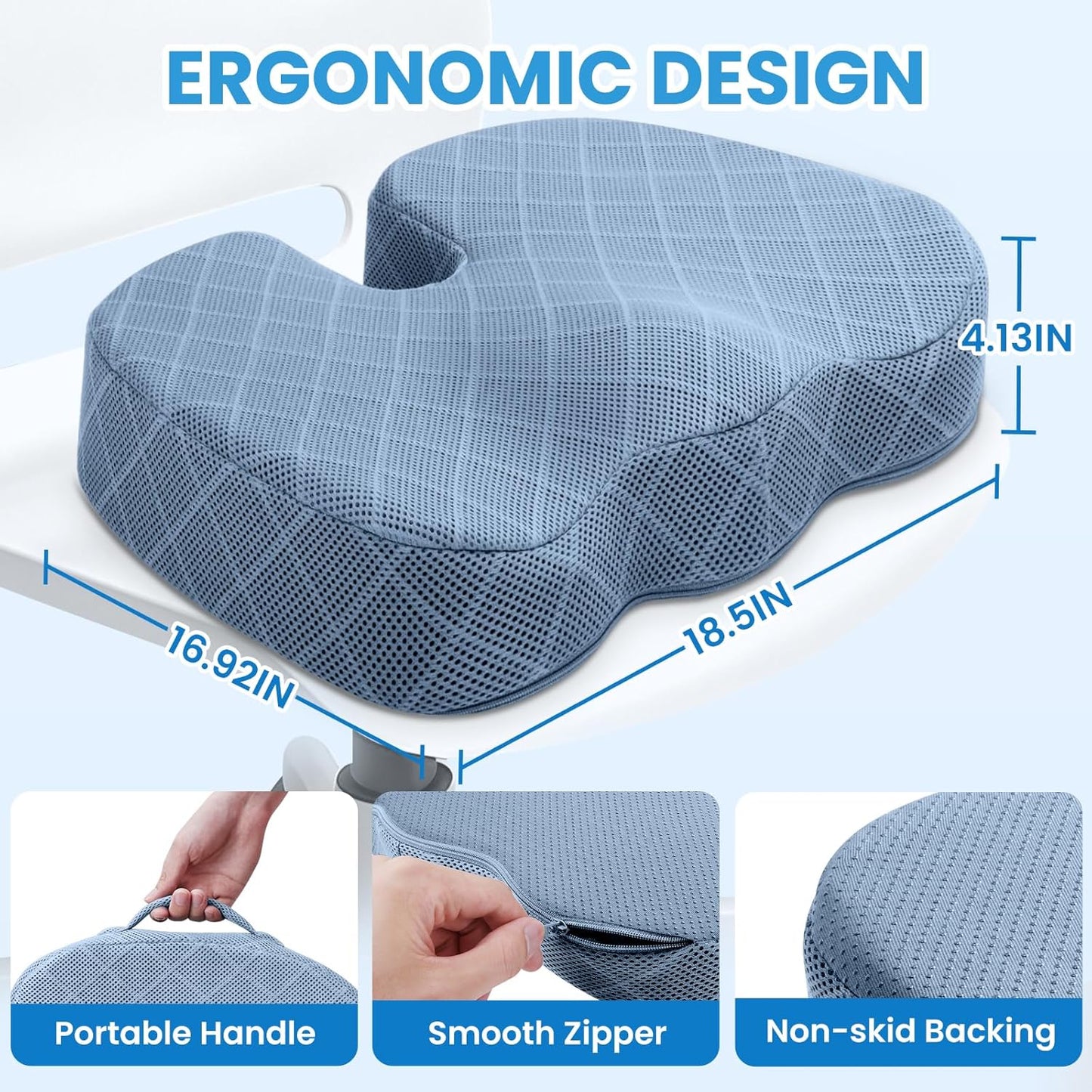 TushGuard Office/Car Seat Cushion, Non-Slip Sciatica & Back Coccyx Tailbone Pain Relief Chair Pad, Memory Foam Butt Pillow for Computer Desk, Wheelchair, Driving (Light Blue, XX-Large)