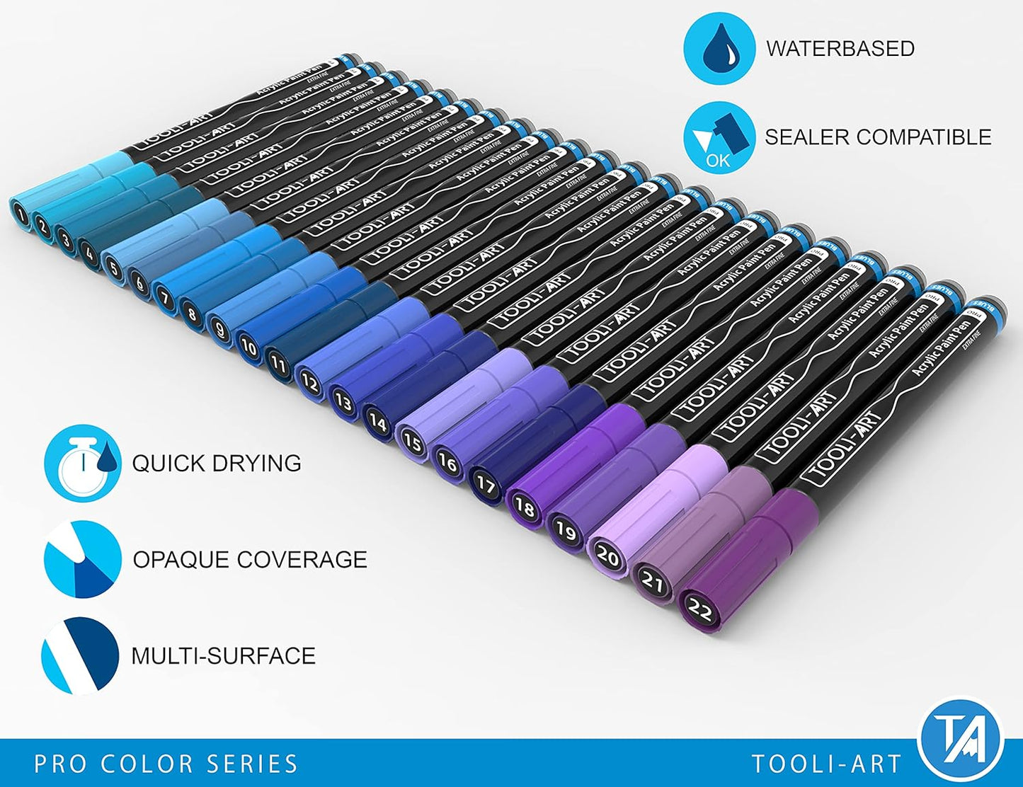 Acrylic Paint Pens 22 Blue & Purple Tones Assorted Pro Color Series Markers Set 0.7mm Extra Fine Tip for Rock Painting, Glass, Mugs, Wood, Metal, Canvas, Projects, Non Toxic, Waterbased, Quick Drying