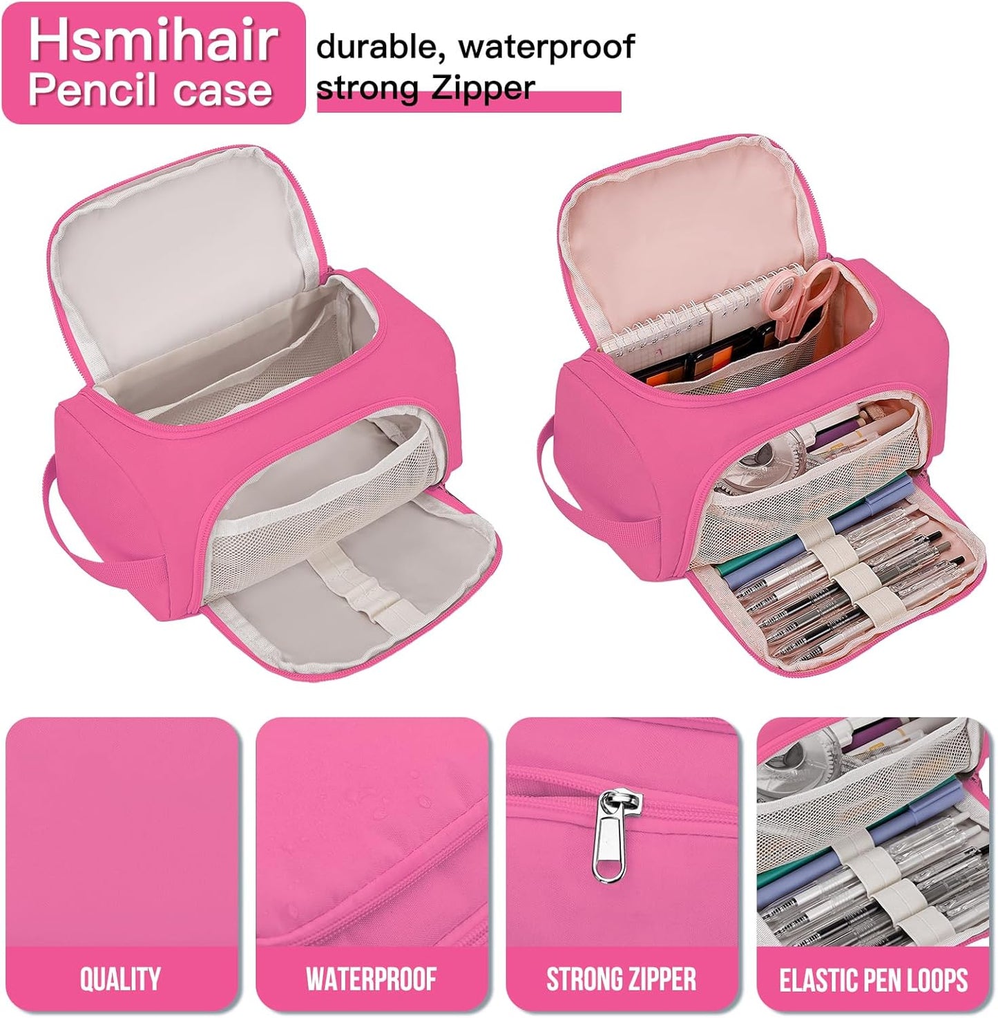 Hsmihair Large Pencil Pouch,Pencil Case Aesthetic,Zipper Pencil Box for Girls Back to School Supplies Emergency Bag Makeup Bag (Deep Pink)