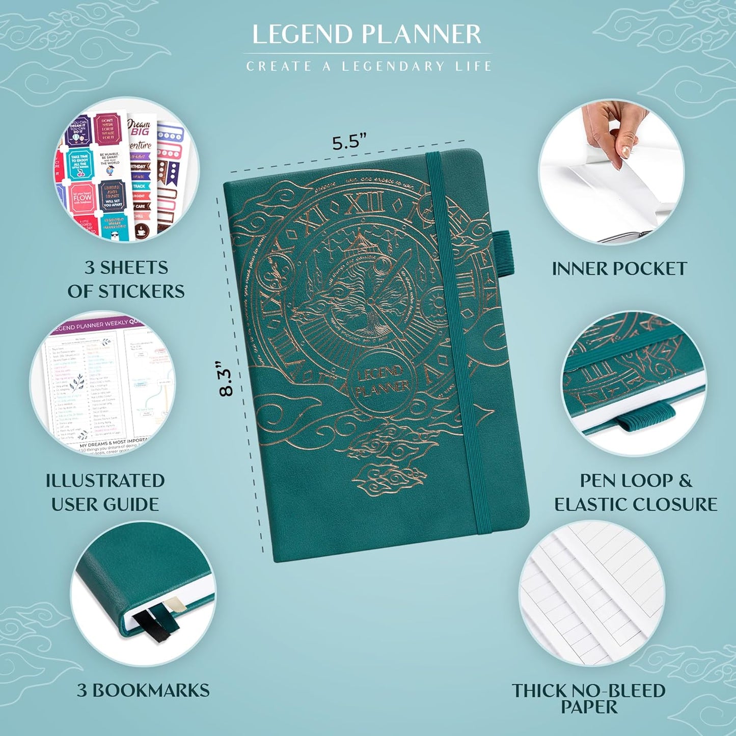 Legend Planner – Weekly & Monthly Life Planner to Hit Your Goals & Live Happier. Organizer Notebook & Productivity Journal. A5 (Dark Teal)