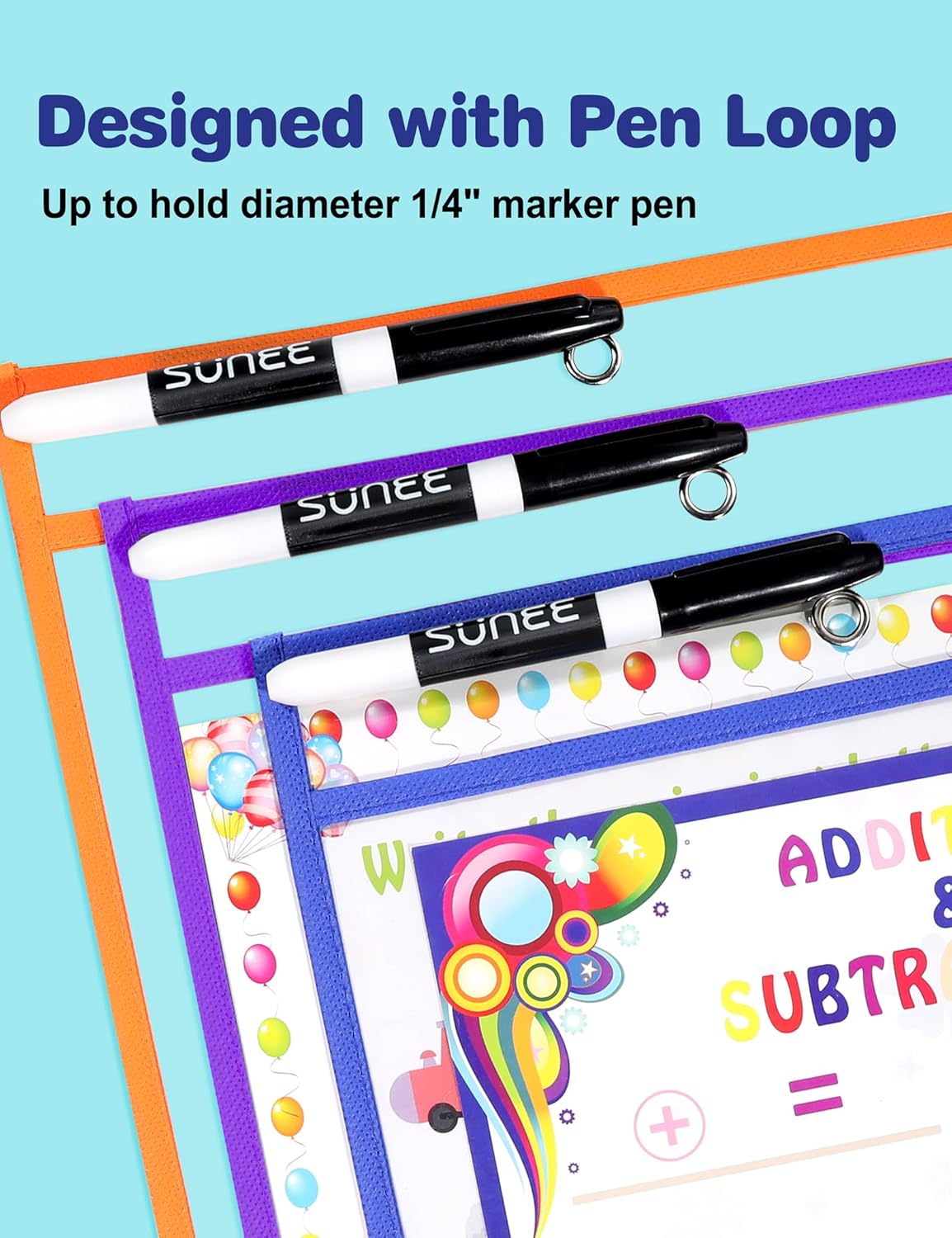 SUNEE 6 Packs Oversized Reusable Dry Erase Pocket Sleeves with Binder Ring, 6 Assorted Colors 10x14 Ticket Holders, Clear Plastic Sheet Protectors, Teacher School Classroom Supplies
