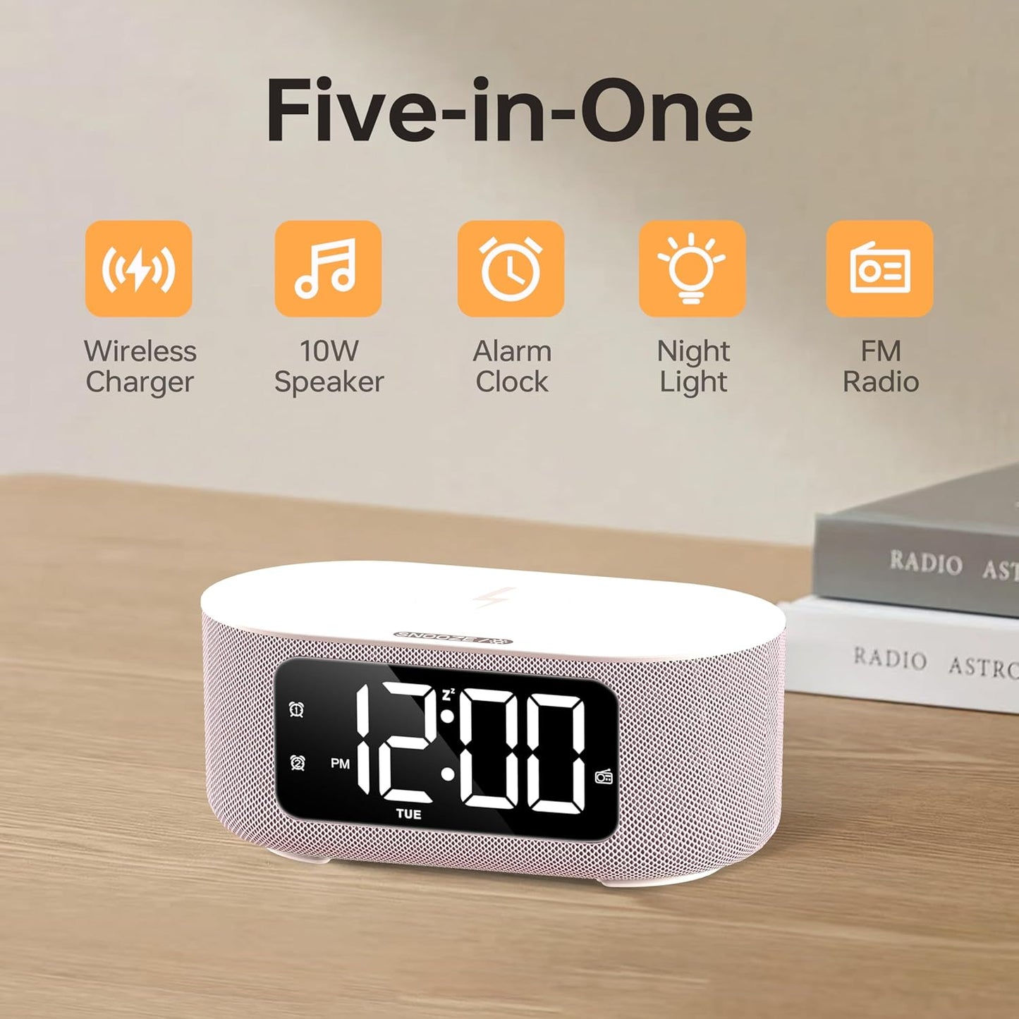 JALL Fabric Alarm Clock for Bedroom, with Big Led Screen Display, Bluetooth Stereo Sound Speaker, FM Radio, Fast Wireless Charging, USB Charging Port, Nightlight, White Noise, Ideal for Gift, Pink