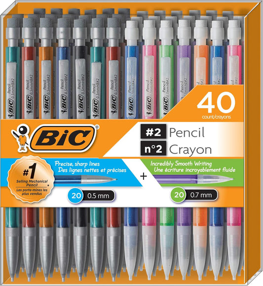 Bic Mechanical Pencil #2 EXTRA SMOOTH, 40 Pack Of Twenty 0.5mm, and Twenty 0.7 mm - Assorted Colored Barrels - Variety Pack of Bic Lead Pencils
