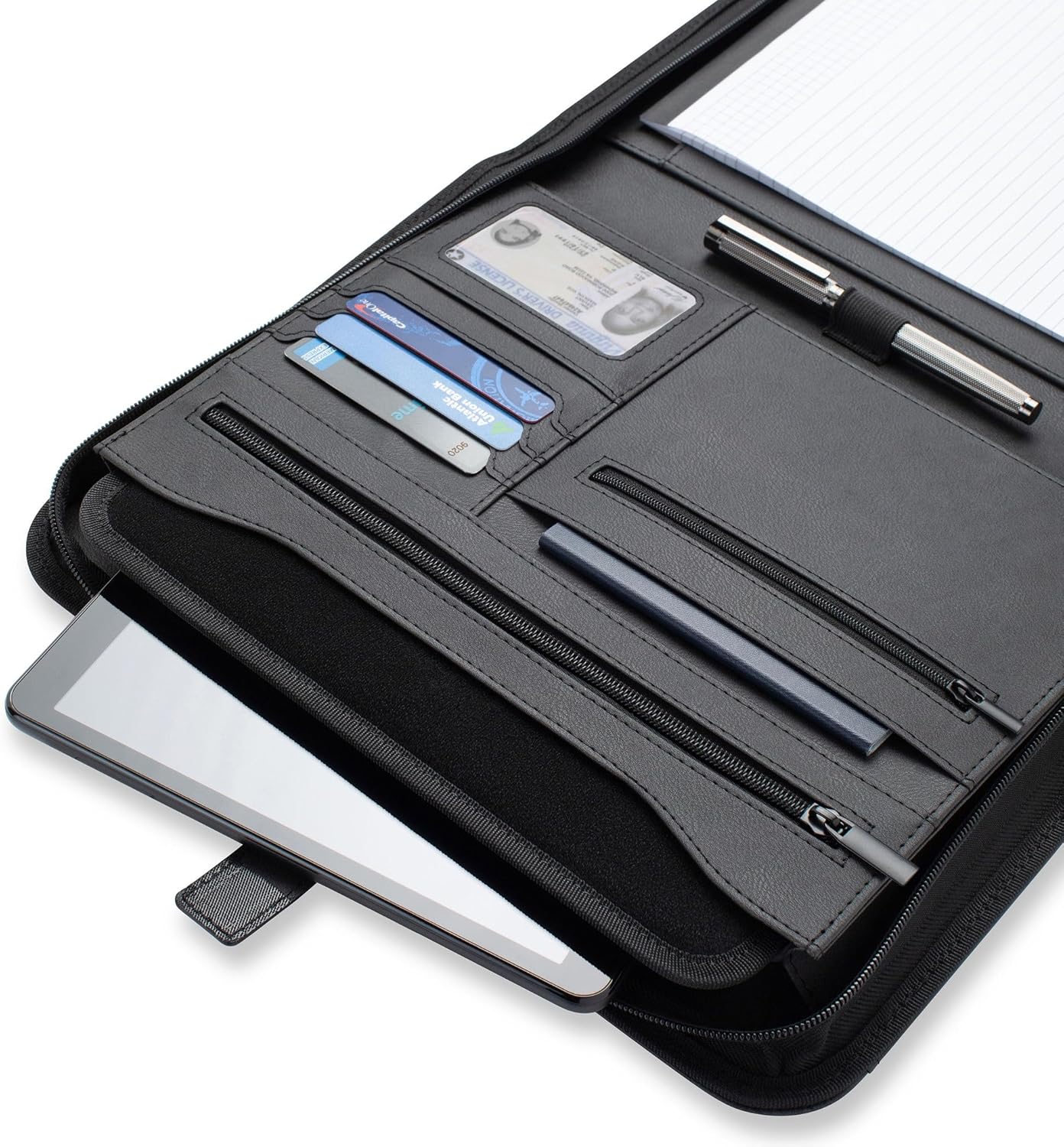 Padfolio Binder - Professional Faux Leather Travel Organizer Pouch for Tablet, Documents, Presentation Folders, Zipper Closure, Notepad - Black