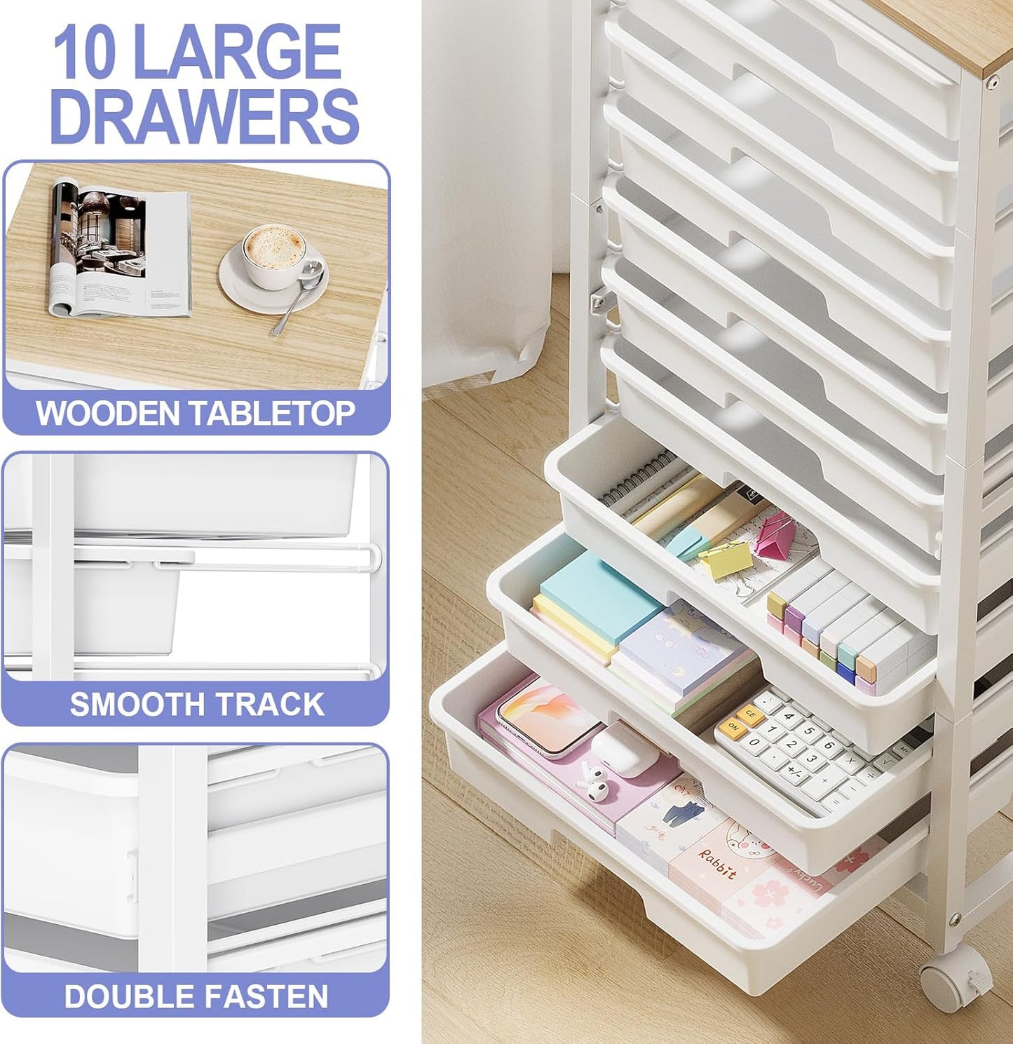Rolling Cart with Drawers,10 Drawer Rolling Cart,Storage Cart with Wheels,Utility Cart with Drawers,Teacher Cart for Classroom Storage,Craft Cart with Wheels and Wooden Tabletop,White