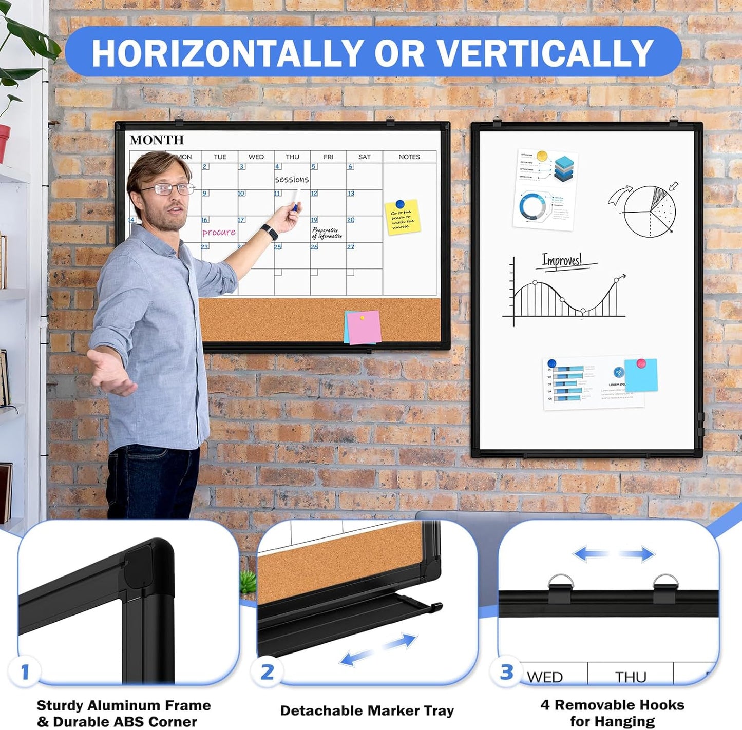 Monthly Calendar Whiteboard Dry Erase Cork Board Combo for Wall, 36" x 24" Magnetic Double-Sided Calendar White Board and Bulletin Board, Portable Board for Office, Kitchen, School, Home