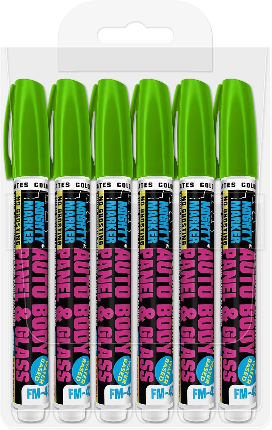 FM-43 Auto Body and Glass Paint Marker, No-Ghost, Highly Water-Resistant, 2.3mm Bullet Tip, Valve Action, 6 Bonus Reversible Tips, Made in USA - Fl. Green 6 Pack