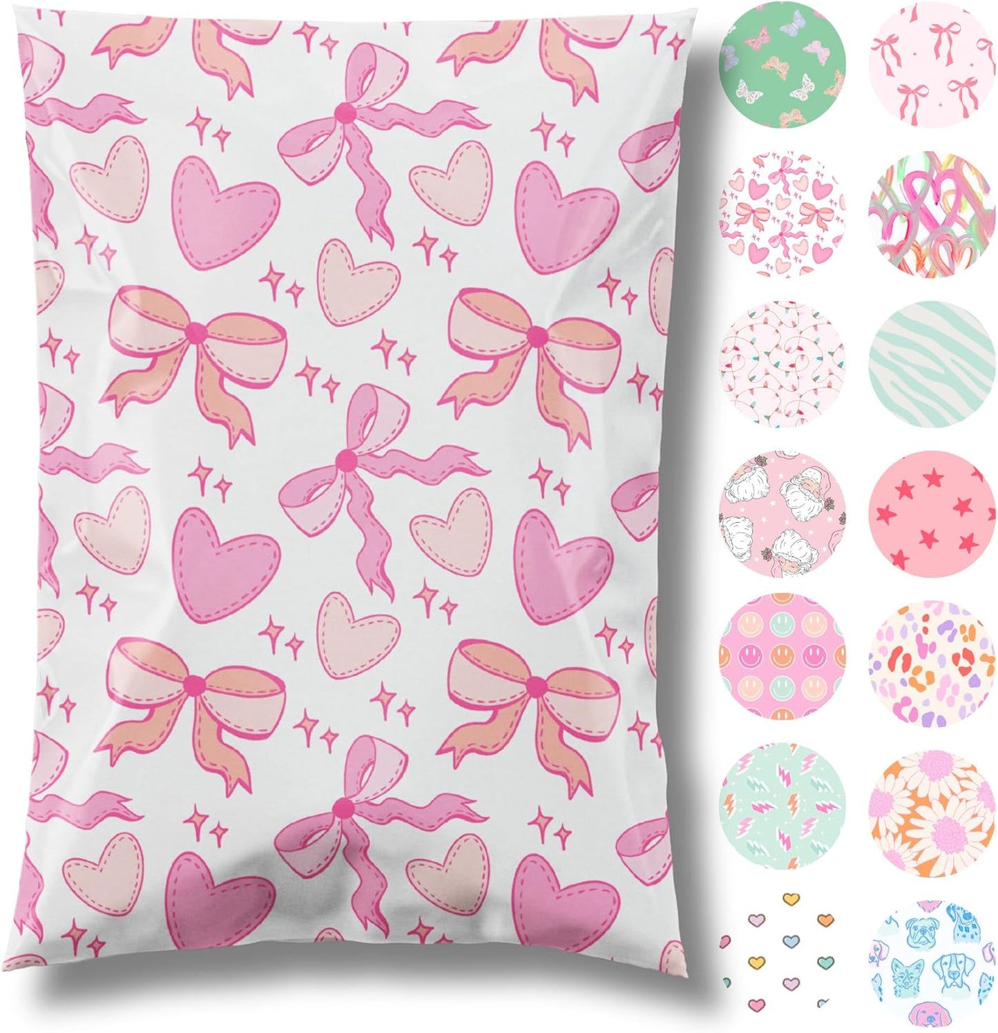 14.5x19 Designer Poly Mailer 100 Pack Heavy Duty Waterproof Self Seal Shipping Bags for Small Business Large Mailing Envelopes Bulk Tear Resistant Packaging Coquette Bows Hearts