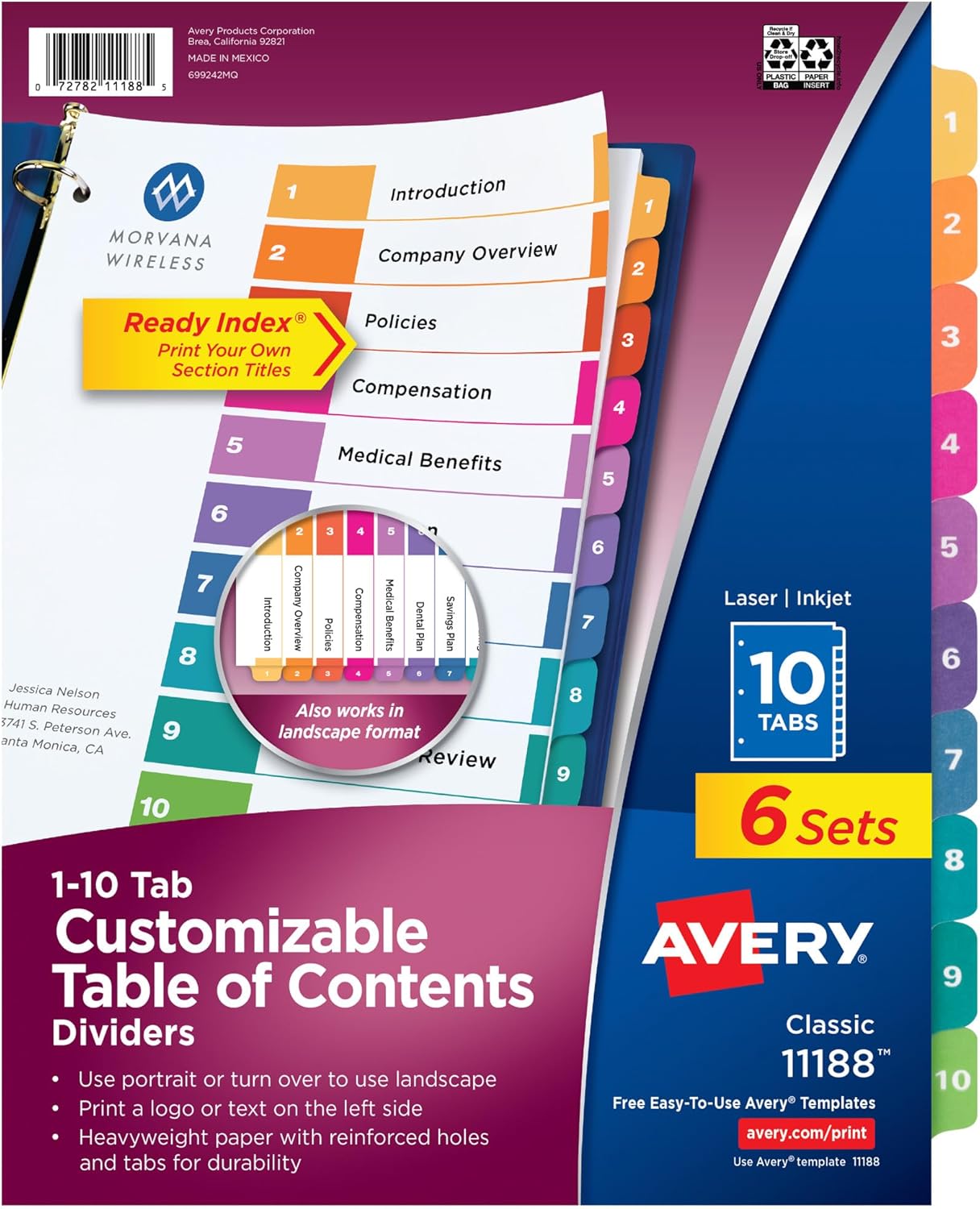 Avery 10 Tab Dividers for 3 Ring Binders, Customizable Table of Contents, Multicolor Tabs, 6 Sets (11188)