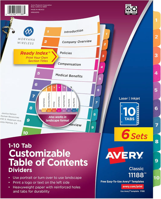 Avery 10 Tab Dividers for 3 Ring Binders, Customizable Table of Contents, Multicolor Tabs, 6 Sets (11188)