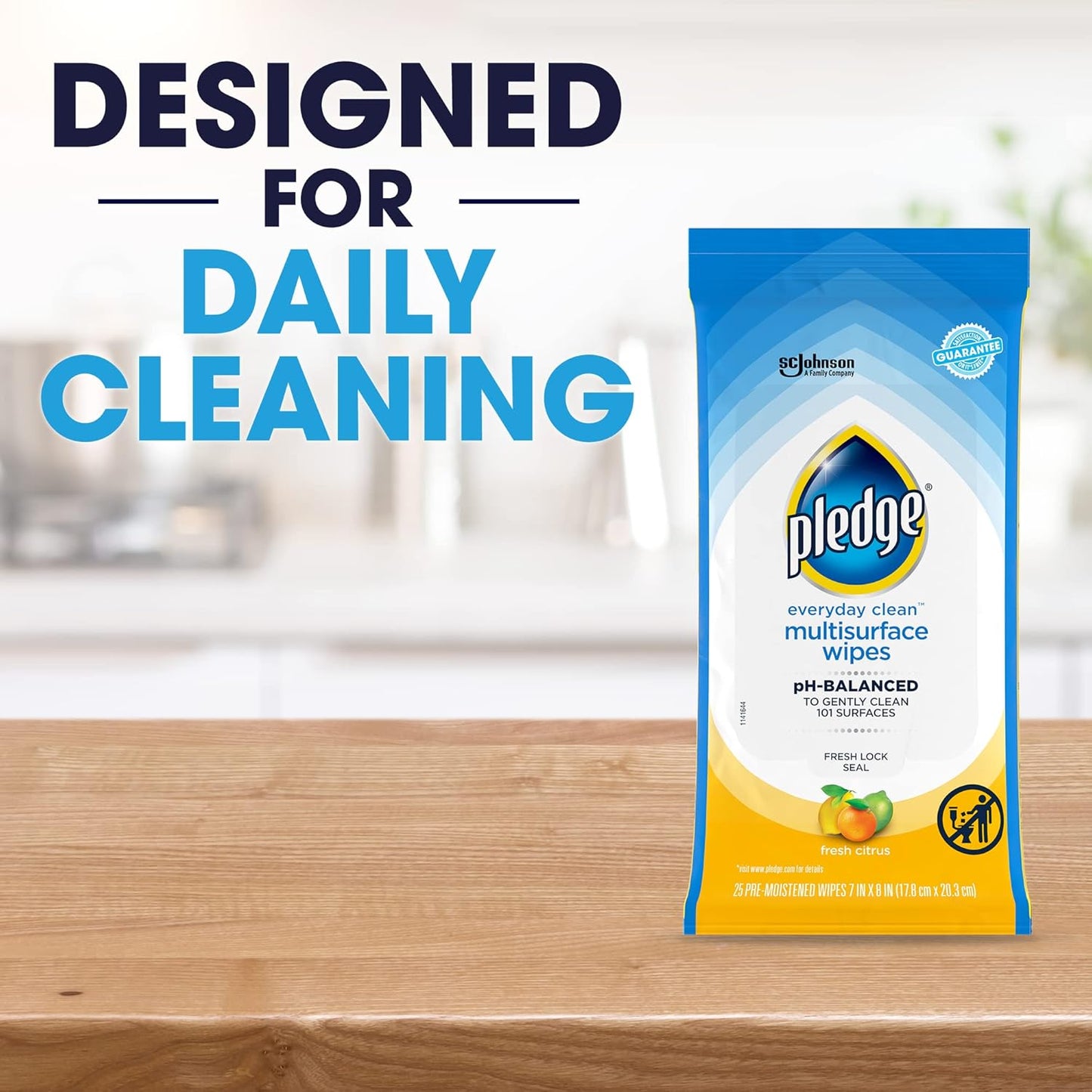Pledge Multisurface Cleaning Wipes, pH Balanced, Fresh Citrus, 25 Count (Pack of 3, 75 Total Wipes)