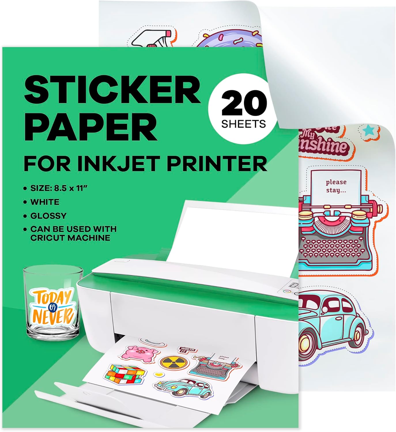 Sticker Paper for Inkjet Printer - (20 Sheets), 8.5 x 11" Letter Size, Glossy White Vinyl Sticker Paper - Water-Resistant, Easy to Use, Perfect for Fun and Creative Projects