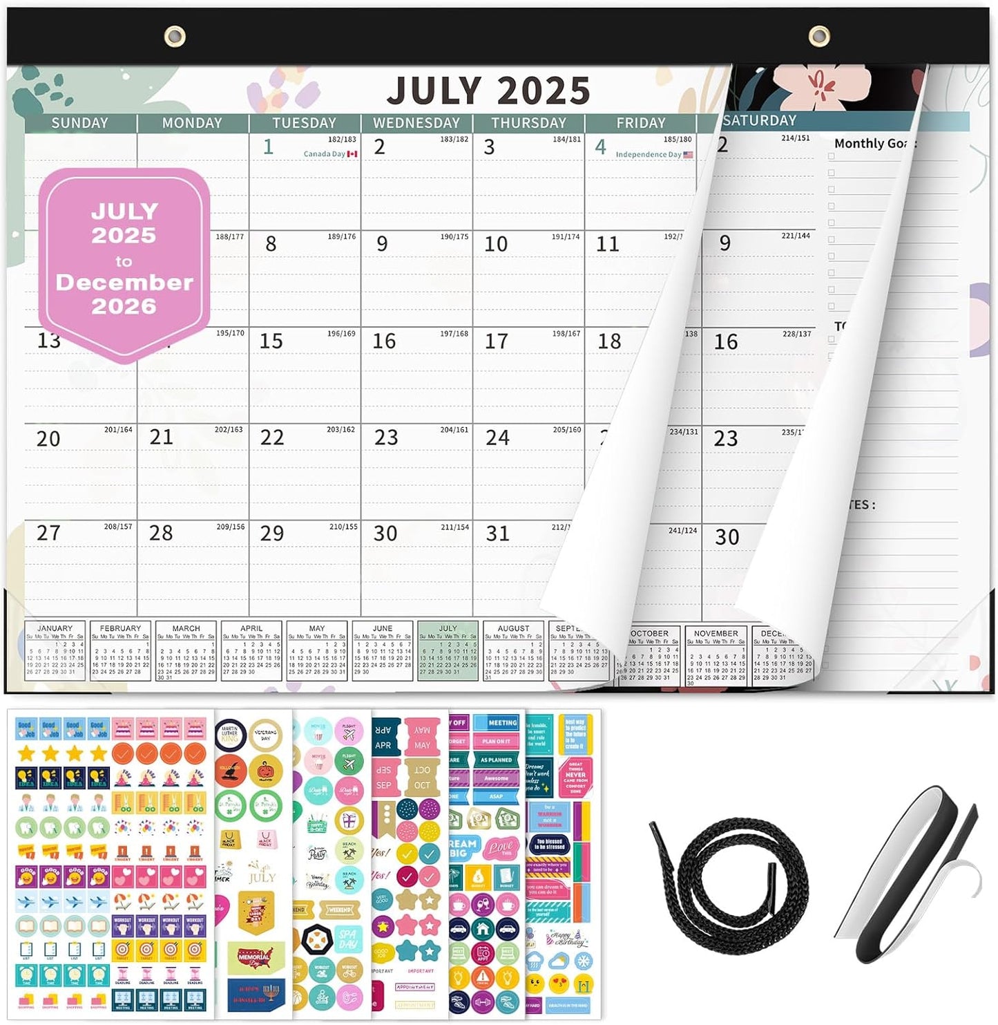 Ospelelf Desk Calendar 2025-2026, Magnetic Fridge Wall Calendar, 18 Month Monthly Large 17" X 12" Calendar Planner with Plastic Cover, July 2025 to December 2026 Floral