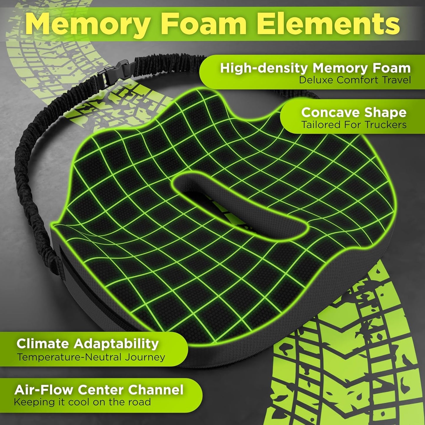 XL Truck Seat Cushion for Truck Driver Seat Cushion - Upgraded Back Support, CertiPUR-US® Certified - Thick Memory Foam, Pain Relief for Hours of Driving, Trucker Approved Big Rig - Black