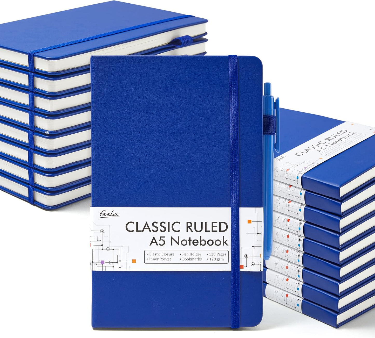 feela College Ruled Notebooks, 18 Pack Business Notebook Bulk Hardcover Lined Writing Journal with Pen Holder for Men Women Note Taking, with 18 Black Pens, 120 GSM, 5.1”x8.3”, A5, Navy