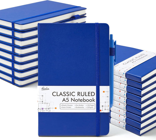 feela College Ruled Notebooks, 18 Pack Business Notebook Bulk Hardcover Lined Writing Journal with Pen Holder for Men Women Note Taking, with 18 Black Pens, 120 GSM, 5.1”x8.3”, A5, Navy