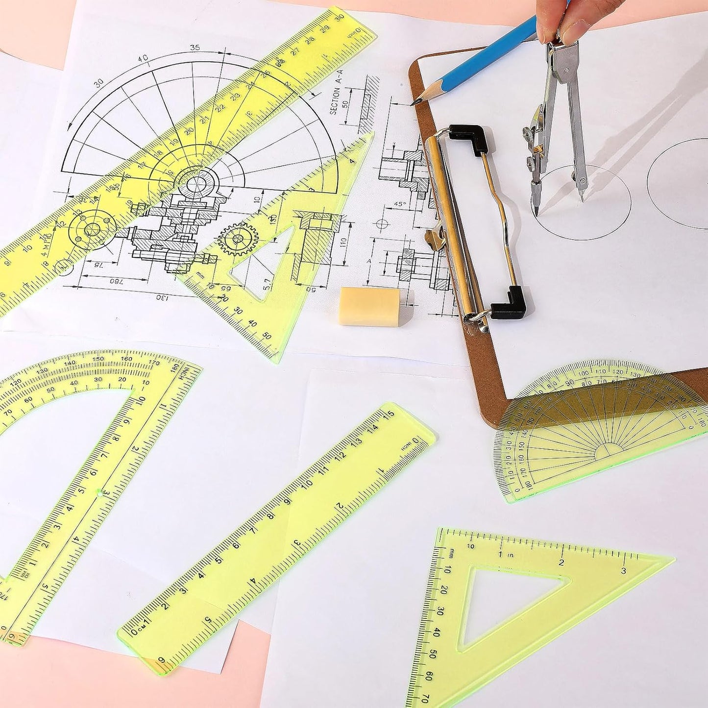 Zonon 1 Set Plastic Geometry Math Set Includes Drawing Compass, 6 Inch 4 Inch Protractor, 45/60 Degree Triangle Rulers 12 Inch 6 Inch Math Ruler Transparent for Office Supplies(Yellow)