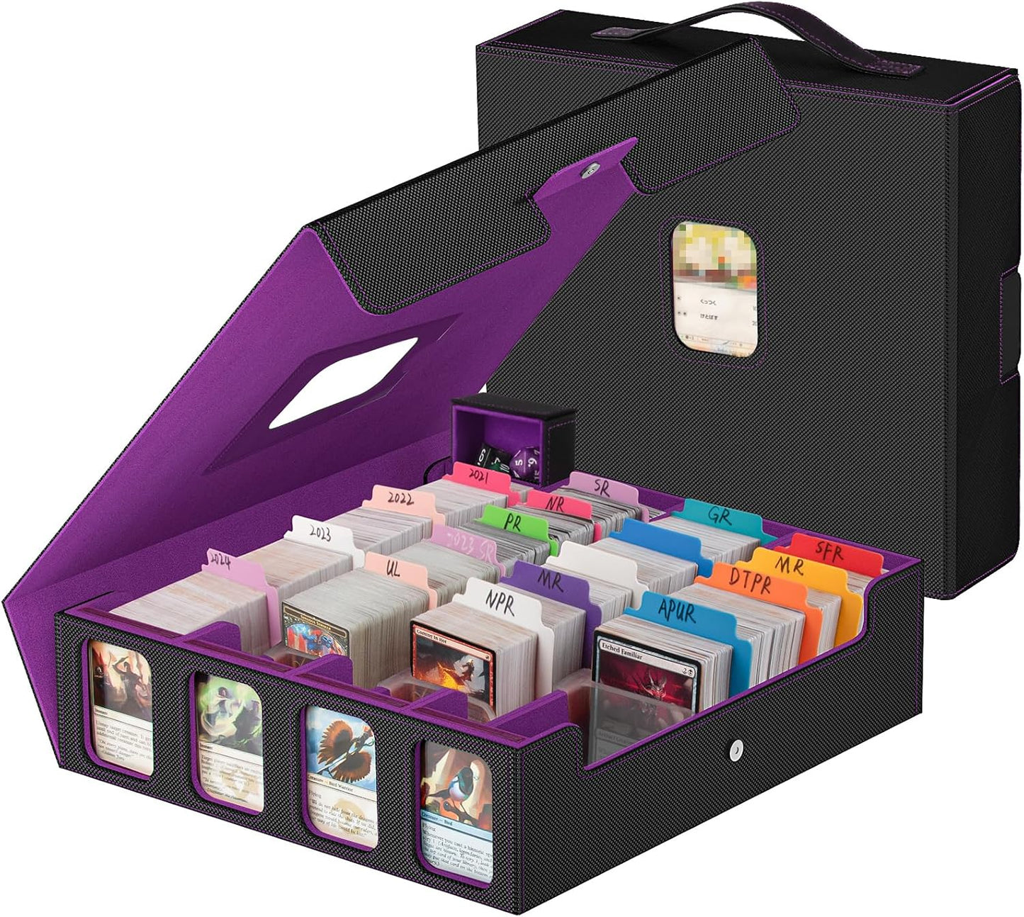 Trading Card Storage Box - 3200+ MTG Deck Box with Commander Display & Portable Handle, 4-Row Card Case Compatible for MTG/TCG/Magic Cards, 30 Colorful Divider, 8 Card Supporters (Black & Purple)