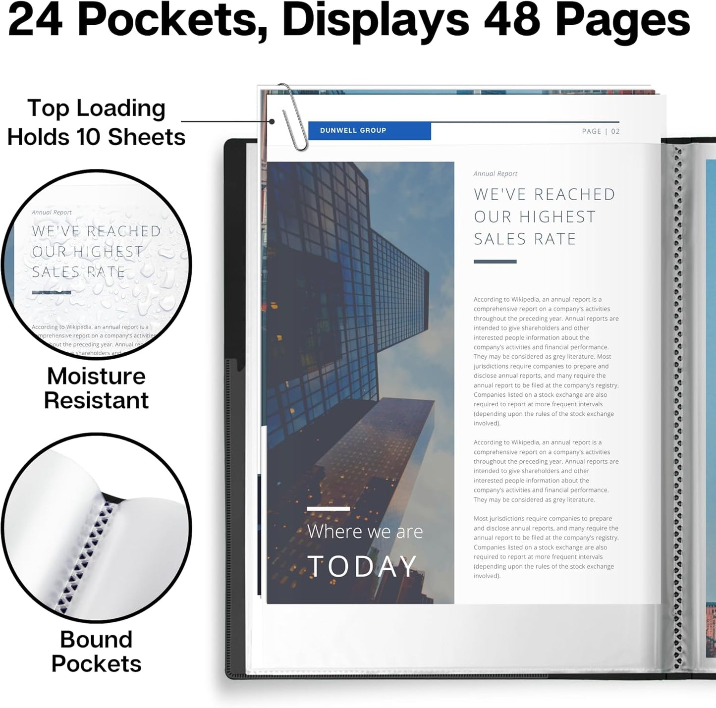 Dunwell Presentation Binder 24-Pocket, Displays 48 Pages, 8.5x11 Portfolio Binder with Plastic Sleeves, Storage and Organizer for Documents, Certificates, Projects, Photos (3 Pack, Black)