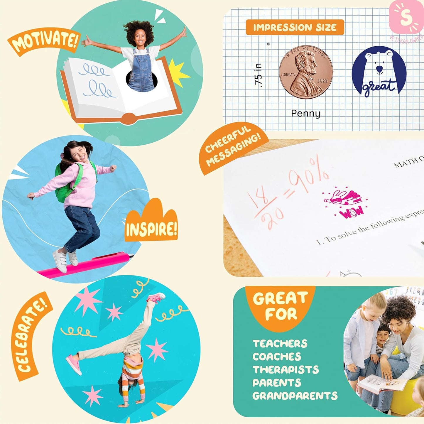 6 Self-Ink Flash Stamp Set, Multicolor Teacher Stamps for Classroom, Stamps for Teachers, Pre-Inked, Refillable Stamps (Celebration Set)