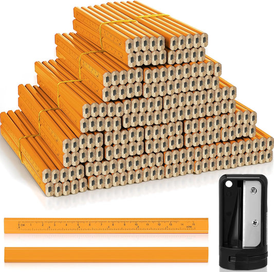 Honoson 200 Pcs Flat Construction Pencils with Printed Ruler Wood Graphite 2 Pcs Carpenter Pencil Sharpener for Woodworking Marking Tool(Wood)