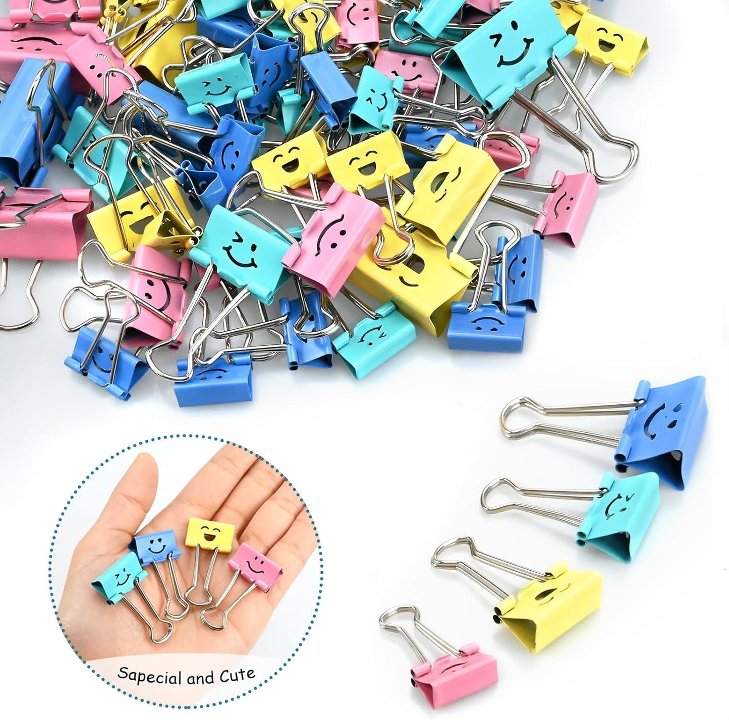100 Pack Binder Clips Paper Clamps Assorted Sizes and Colors Cute Binder Clips with Smiling Face Metal Paper Clamps for Office, School