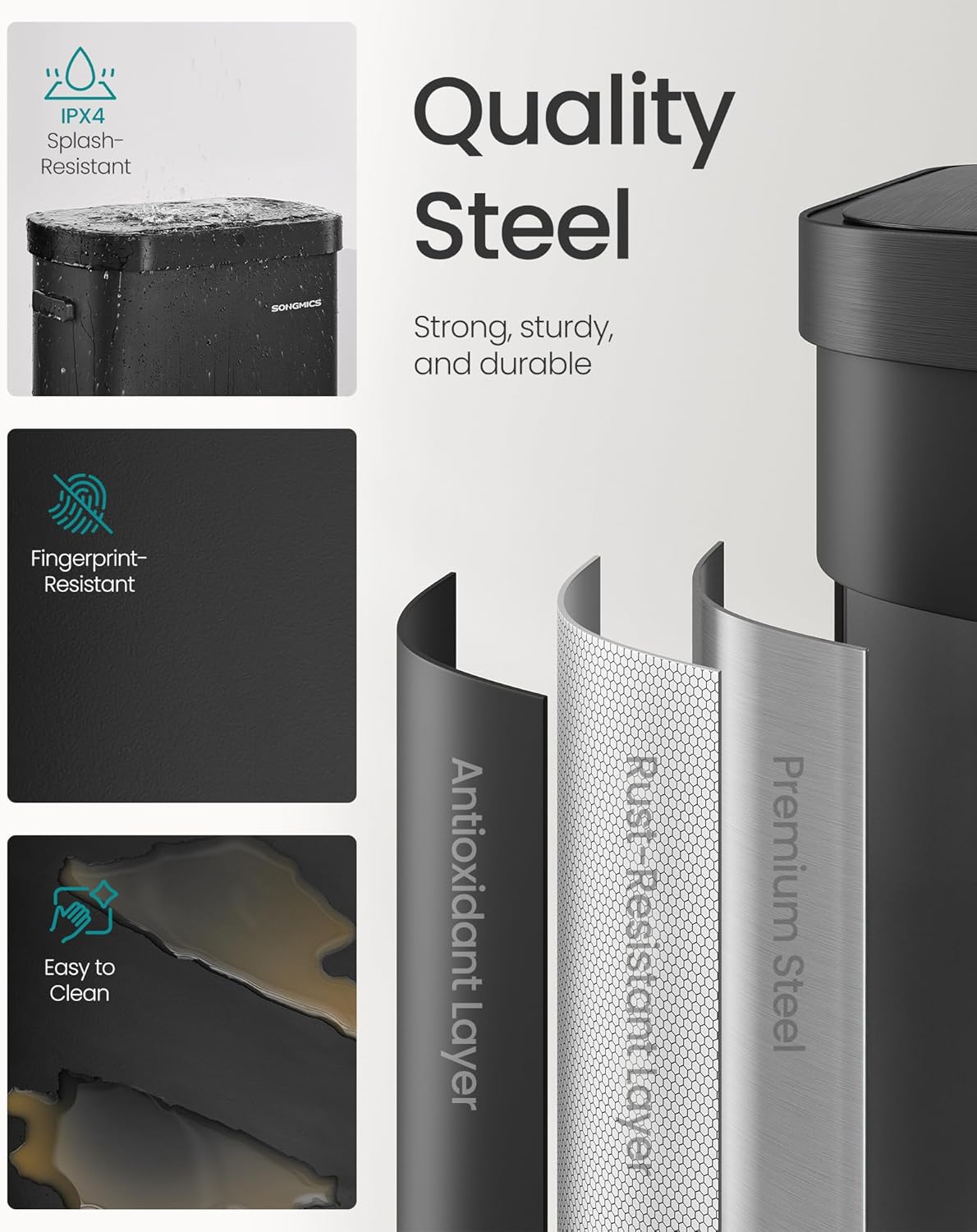 SONGMICS Motion Sensor Trash Can, 13-Gallon (50 L) Automatic Garbage Can with Soft Close Lid, Stainless Steel, Wave or Touch to Open, Includes 15 Bags, Ink Black ULTB640B01