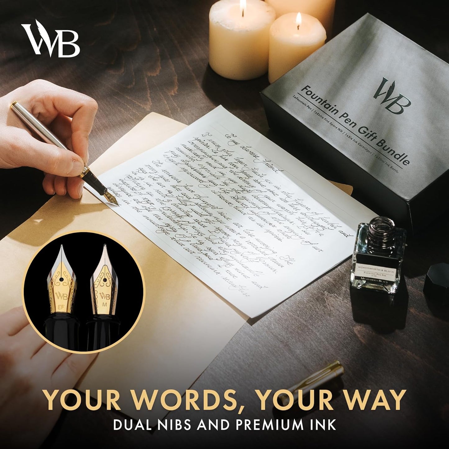 Wordsworth & Black Fountain Pen Set,18K Gilded Medium and Extra Fine Nib,25ML Black Ink Bottle,6 Ink Cartridges,Refill Converter,Gift Box,Smooth Writing Pens [Silver Gold],Gift Set for Men and Women