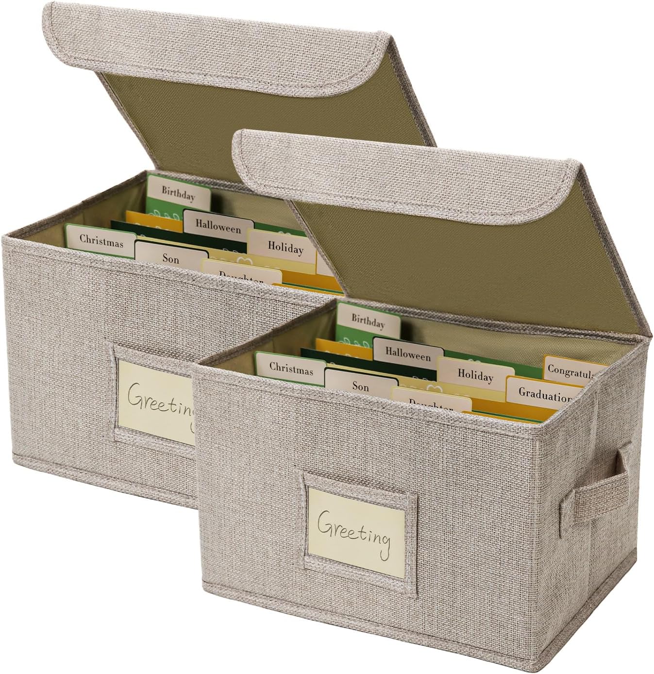 Vienrose Greeting Card Organizer Storage Box with 20 Removable Dividers, 84 Self-stick Labels, Perfect for Photos, Envelopes, Scrapbooking, Paper, Stickers Holder 2 Pack Beige