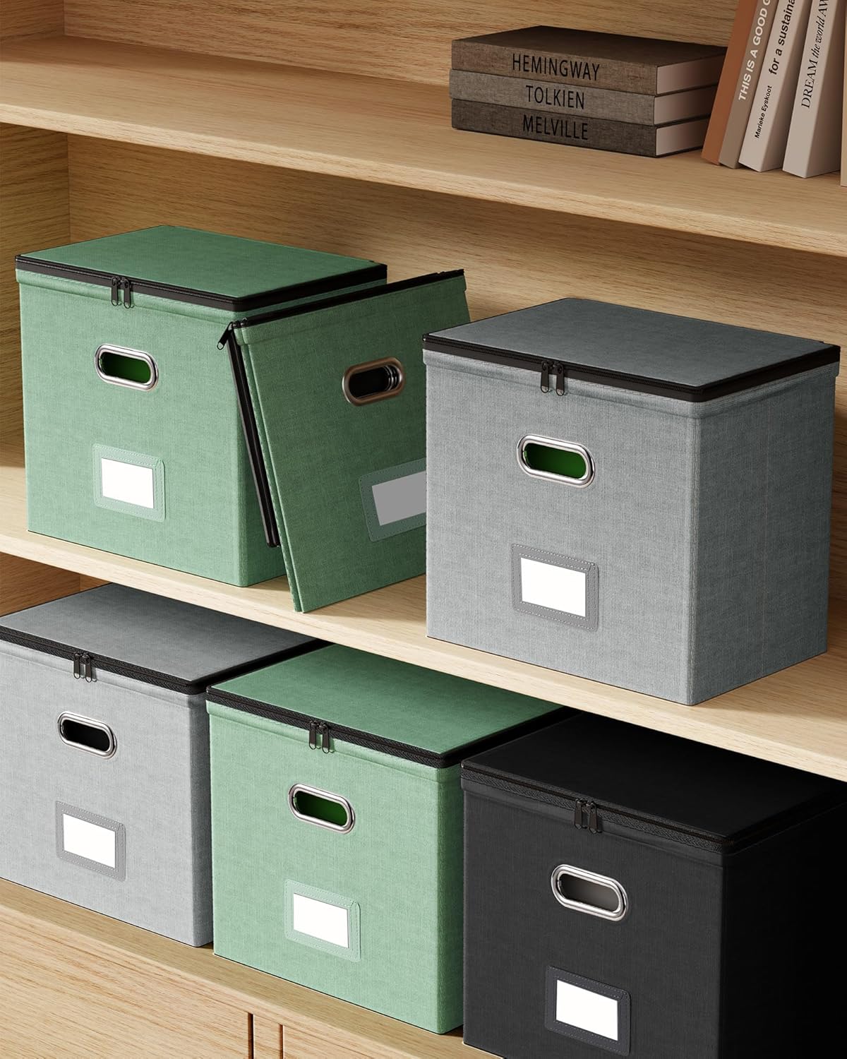 Oterri 2 Pack File Organizer Boxes with Lids, File Box with Mesh Pockets, Document Organizer Box for File Folders Letter Size, Zippers Filing Box for Home, Office, School (Grey, Without Folders)