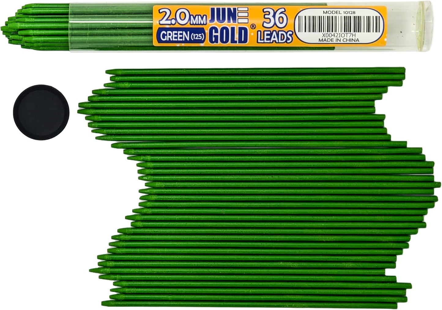 June Gold 36 Green (Parakeet #125) Colored 2.0 mm Lead Refills, Bold Thickness for Heavy Use, Break Resistant with a Convenient Dispenser