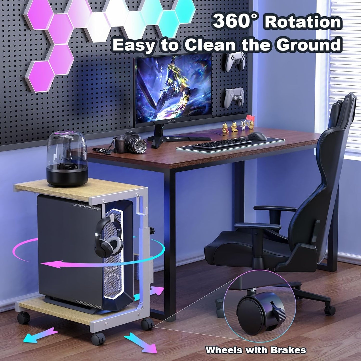 Computer Tower Stand with Charge Station and USB Charging Port - Height Adjustable PC Tower Stand, Under Desk CPU Holder Cart with Locking Caster Wheels for Fits Most PC