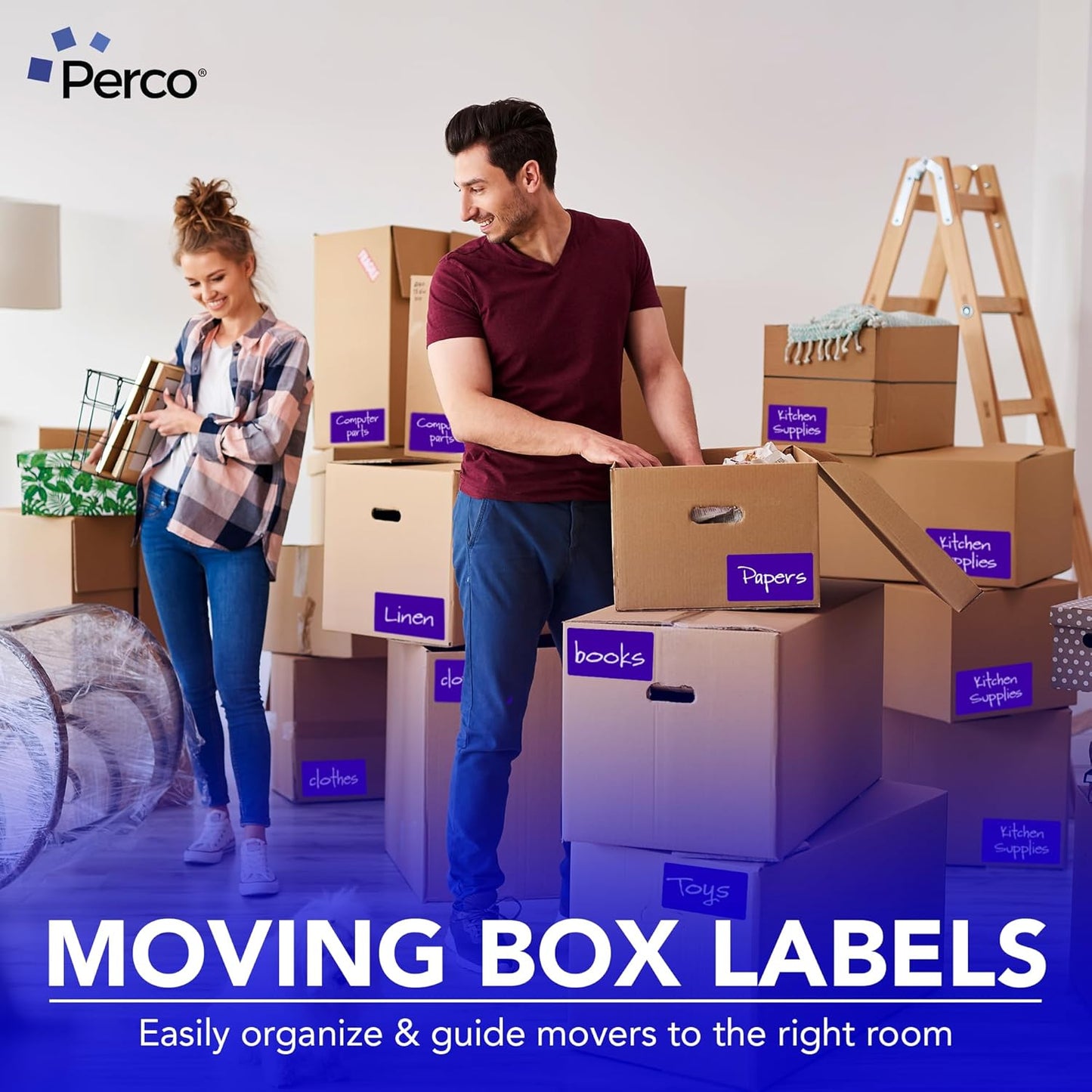 Perco Purple Labels 3x5 Inch 500 Stickers/Roll with Easy Peel Perforation and Strong Adhesion for Inventory Management, Color Coding, Moving Boxes, Retail, Organizing & Crafts – Made in USA